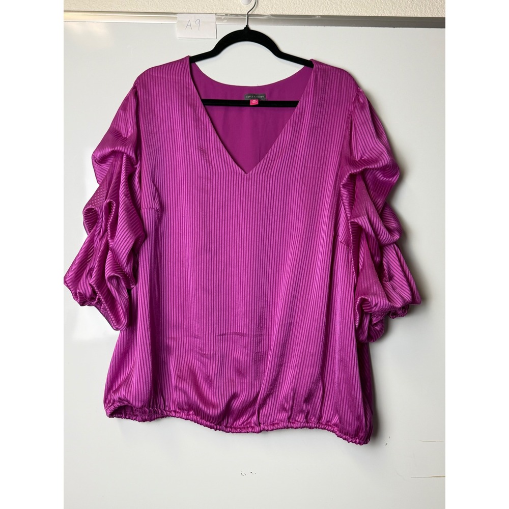 Vince Camuto Magenta Ruffle Sleeve Shadow Stripe V-Neck Bubble Hem Blouse 3X